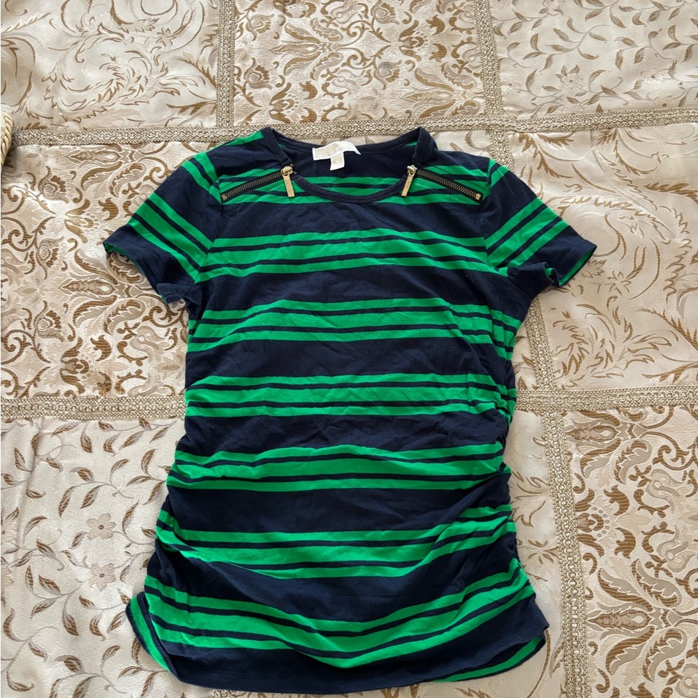 Michael Kors Navy and Green Striped Tee